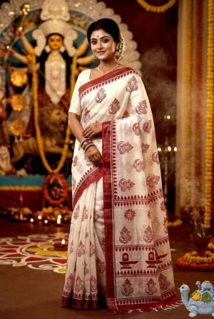 Jai Mata Di Navratri Red & White Linen Saree – Design 08
