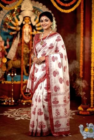 Jai Mata Di Navratri Red & White Linen Saree – Design 06