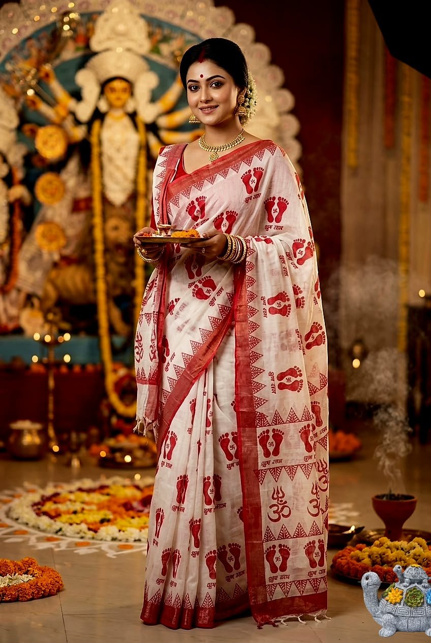 Jai Mata Di Navratri Red & White Linen Saree – Design 07