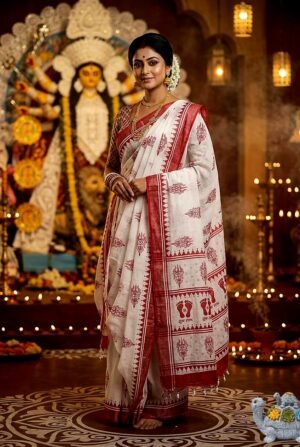 Jai Mata Di Navratri Red & White Linen Saree – Design 05