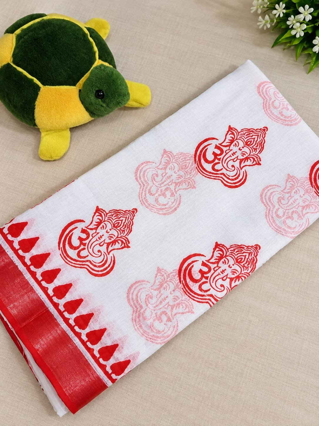 Jai Mata Di Navratri Red & White Linen Saree – Design 01 - Image 2