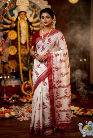 Jai Mata Di Navratri Red & White Linen Saree – Design 04