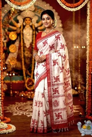 Jai Mata Di Navratri Red & White Linen Saree – Design 03