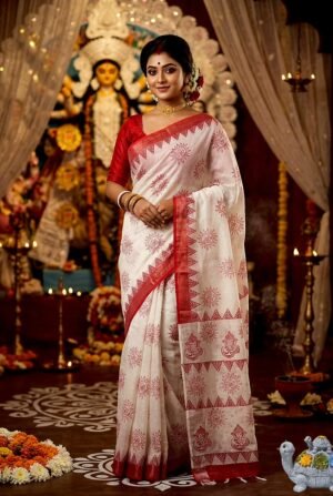 Jai Mata Di Navratri Red & White Linen Saree – Design 01