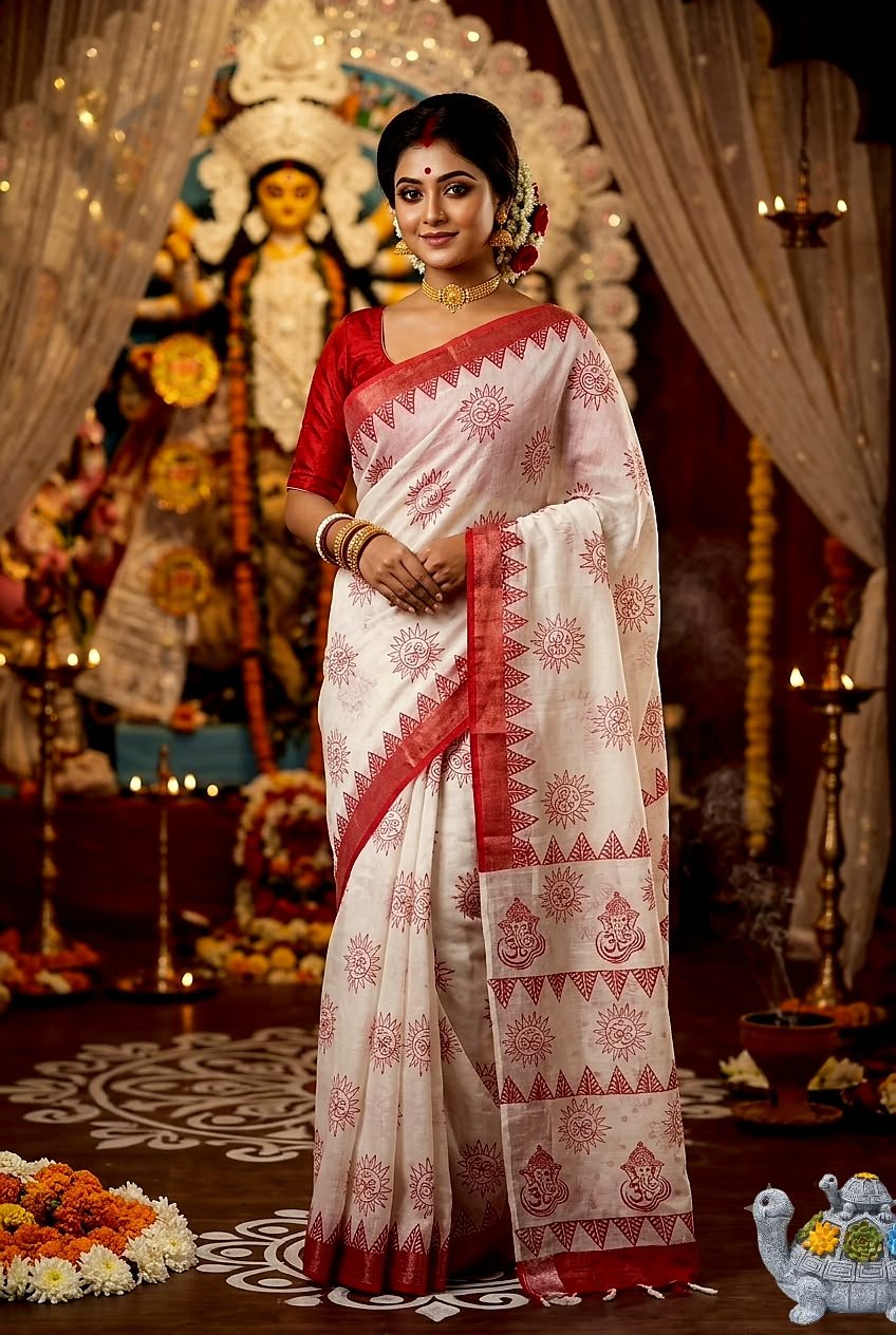 Jai Mata Di Navratri Red & White Linen Saree – Design 01