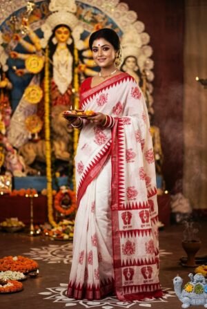 Jai Mata Di Navratri Red & White Linen Saree – Design 02
