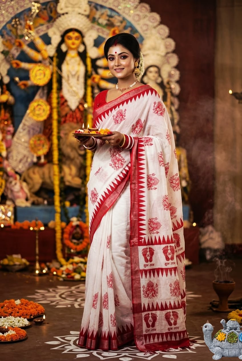 Jai Mata Di Navratri Red & White Linen Saree – Design 02